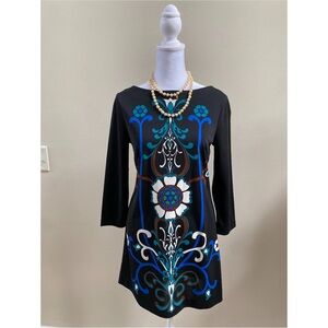 Tibi Black & Blue Whimsy Floral Graphic Long Sleeve Dress